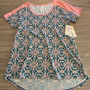 LuLaRoe Geometric Floral Short Sleeve Top - Pink and Blue